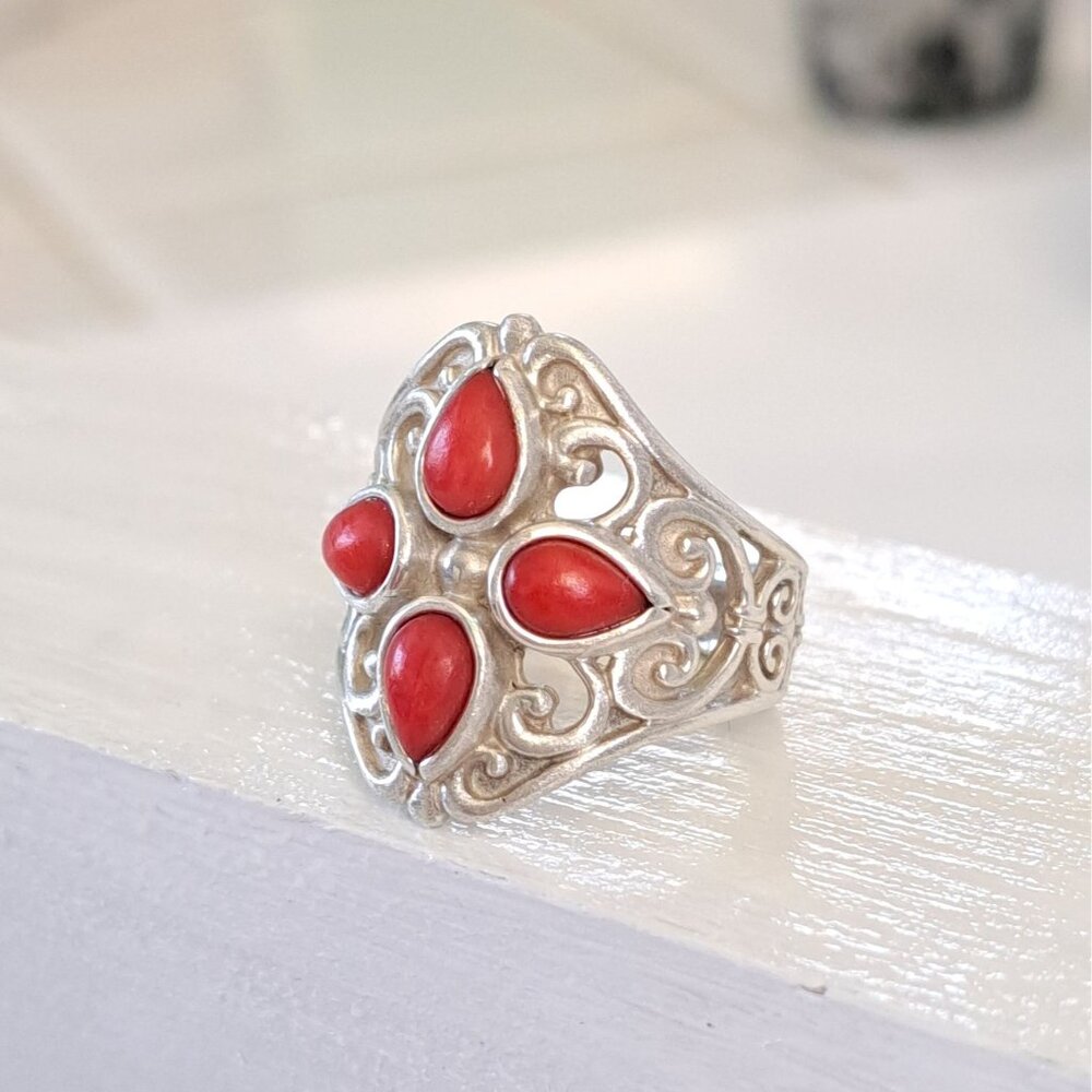 Vintage Coral Cluster Southwestern Filigree Sterling Ring by Artist Carolyn Poll - Picture 4 of 15